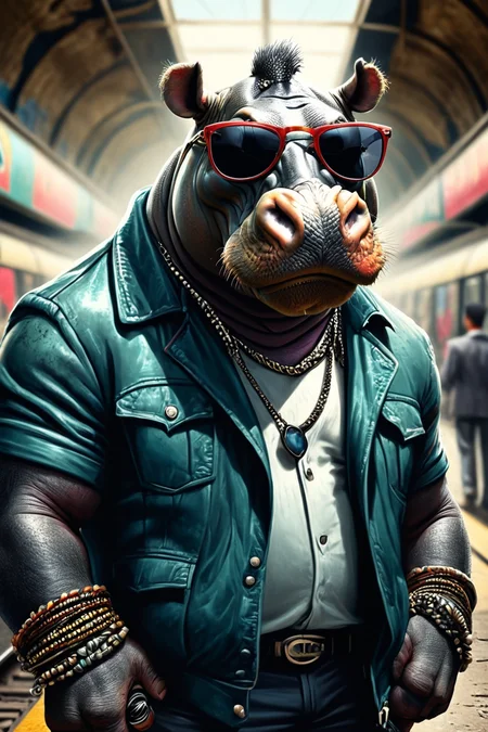 Detailed digital illustration of an anthro Hippopotamus (Wearing sunglasses, radiating cool confidence) at a Abandoned subway station turned black market, <lora:xl_more_art-full_v1:0.5>, <lora:anthro_muscular:0.7>, <lora:MJ52:0.6>, <lora:madpunk:0.4> madpunk