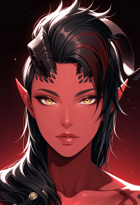 masterpiece, best quality, absurdres, highres,
<lora:ILBGKarlach:1.0>
BGKarlach, 1girl, demon horns, black hair, long hair, red skin, detailed eyes, detailed lips, luscious lips, glossy lips, looking at viewer, portrait