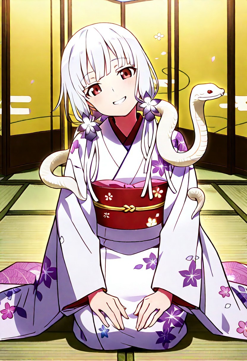 Smooth Quality - Illustrious, sfw,
anime, illustration, nadeko, red eyes,long hair,white hair,snake hair,albino, 
<lora:NSFWFilter_illusXL_Incrs_v1:-1>
<lora:Snake_on_Shoulders:0.8> sn4k3, snake on shoulders, large snake, white snake,
1girl, solo,
japanese clothes, white kimono, furisode, floral print, 
looking at viewer, head tilt, beautiful smile, grin,
golden folding screen, zabuton, tatami,