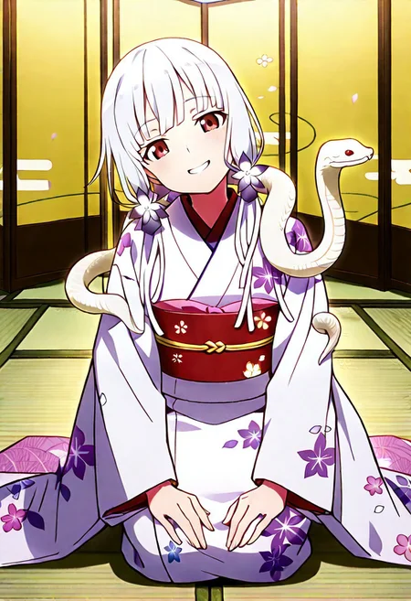 Smooth Quality - Illustrious, sfw,
anime, illustration, nadeko, red eyes,long hair,white hair,snake hair,albino,
<lora:NSFWFilter_illusXL_Incrs_v1:-1>
<lora:Snake_on_Shoulders:0.8> sn4k3, snake on shoulders, large snake, white snake,
1girl, solo,
japanese clothes, white kimono, furisode, floral print,
looking at viewer, head tilt, beautiful smile, grin,
golden folding screen, zabuton, tatami,