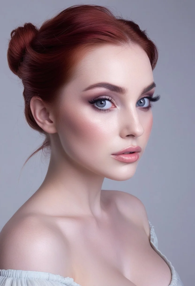 A beautiful young woman with fair, porcelain-like skin and red hair styled in a soft, elegant low bun with a few loose strands framing her face. She has striking, large grey eyes with long eyelashes, subtle eyeshadow, defined brows, and softly blushed cheeks. Her lips are full with a natural pink gloss. She is wearing a light pastel off-shoulder top, revealing her shoulders and upper chest down to the cleavage. The image is composed from head to cleavage, with flattering, soft lighting. Set against a clean white background. Hyper-realistic, high detail, studio portrait, front-facing, centered composition.
