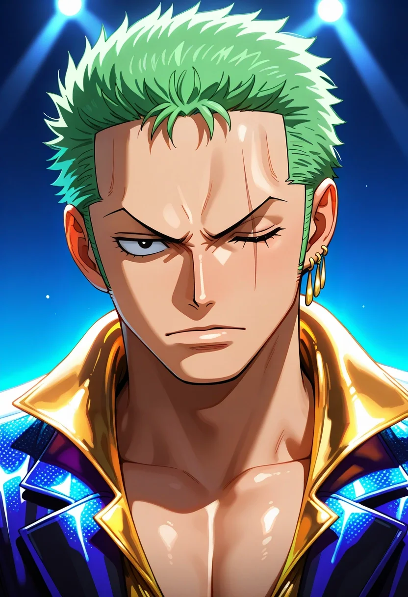 masterpiece, best quality, , (photorealistic:0.6), , 1boy, solo, male focus, <lora:zoro_roronoa_ilxl:1>, zoro_roronoa, green hair, black eyes, short hair, post timeskip, scar across eye, one eye closed, , earrings, , , disco costume