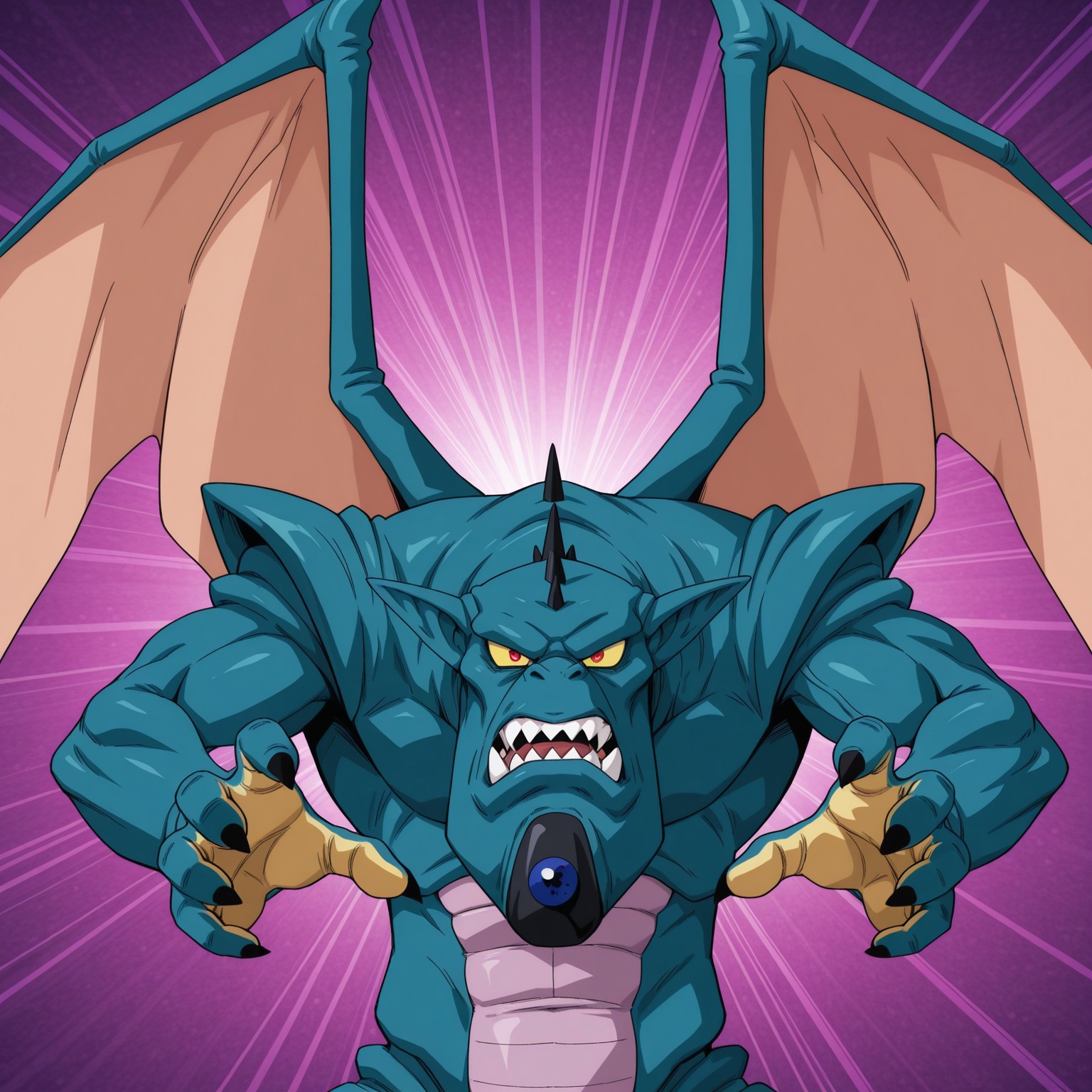 2d, solo, male, 1boy, monster, blue skin, black head spikes, pointy ears, sharp teeth, wings, yellow sclera, red pupils, black claws, Oceanshen

BREAK best quality, amazing quality, very aesthetic, absurdres, newest, masterpiece, highres, high quality, upper body focus, irritated, looking at viewer, abstract background, fist