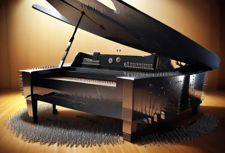 (masterpiece, 2.5D:1.2), (score_9, score_8_up, score_7_up,source_anime), ultra-detailed,24K, best quality, CG, illustration, (Uncorrected),
fastenerswm, playing_piano_front_view,
girl is playing piano,
punk, Instruments made of Fasteners,
piano made of Fasteners,, Mike made of Fasteners,, Amp made of Fasteners, Speakers made of Fasteners,
disco club,