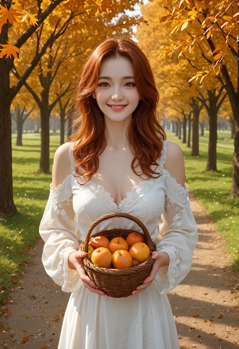 score_9, score_8_up, photorealistic, masterpiece, high quality, highly detailed, warm colors, cinematic lighting, BREAK 
1girl, stunning 18-year-old with delicate and innocent features, glowing with natural beauty, long, wavy auburn hair cascading over her shoulders, soft autumn leaves caught in her flowing strands, large, expressive eyes filled with warmth, lips curved in a light and inviting smile, her cheeks softly blushed, looking directly at the viewer with a captivating and gentle gaze, medium perky breasts subtly outlined under a fitted white blouse, the fabric slightly sheer, hinting at her natural curves, her slim waist accentuated by a flowing skirt adorned with autumn patterns, BREAK 
holding a woven basket overflowing with ripe autumn fruits—apples, pears, and vibrant oranges—her hands delicately brushing the fruit as if lost in thought, golden autumn leaves scattered around her feet, set in a serene orchard glowing with warm, golden sunlight filtering through the trees, her innocent charm amplified by the seasonal ambiance, cinematic depth enhancing the warm tones, BREAK 
eye catching, zPDXL3, Expressiveh, <lora:spo_sdxl_10ep_4k-data_lora_webui:0.6> <lora:ponyv5_noobV065S_1_adamW-000013:0.7> <lora:USNR_STYLE_XL_lokr:0.5> <lora:EtherSDXL:0.15> <lora:748cmSDXL:0.3>