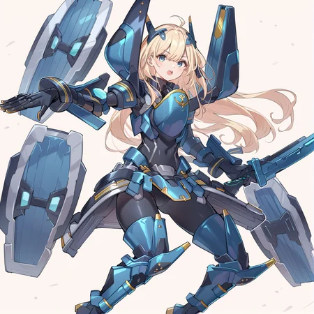 (score_9:0.9),score_8_up,score_7_up,rating:explicit,anime_style,(zPDXL),<lora:Sky striker ace - raye ponyXL v4.1:0.82>,sky striker ace - raye,blue power armor,blue headgear,blue gloves,blue thigh boots,1girl,solo,open mouth,weapon,blue gun,open hand,looking at viewer,floating blue shield,