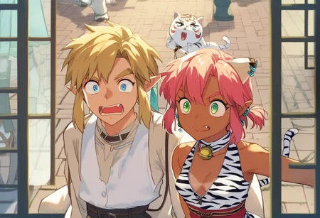 score_9, score_8_up, score_7_up, score_6_up, Masterpiece, source_anime screenshot, duo, 1 girl, 1 boy, vivid colors, full color, shiny and glossy, anime style, high-res, beautiful aesthetic, very intricate, high-quality details, vibrant, highly detailed, award-winning, professional, <lora:pink-ponyxl-v2:1>, 1 girl, single fang showing, sleeveless dress, white tiger print dress, pelvic curtain, cleavage, white cat ears, cat bell necklace, bright pink hair, tanned, white tiger tail, red sash, small breasts, leather shoes, detailed eyes, green eyes, detailed face, break, <lora:link:1> 1boy, link1, link, pointy ears, blonde hair, blue eyes, medium hair, side locks, earrings, short ponytail, blue hylian tunic, break, pink and link shouting, pink and link holding signs high above their heads, front view,