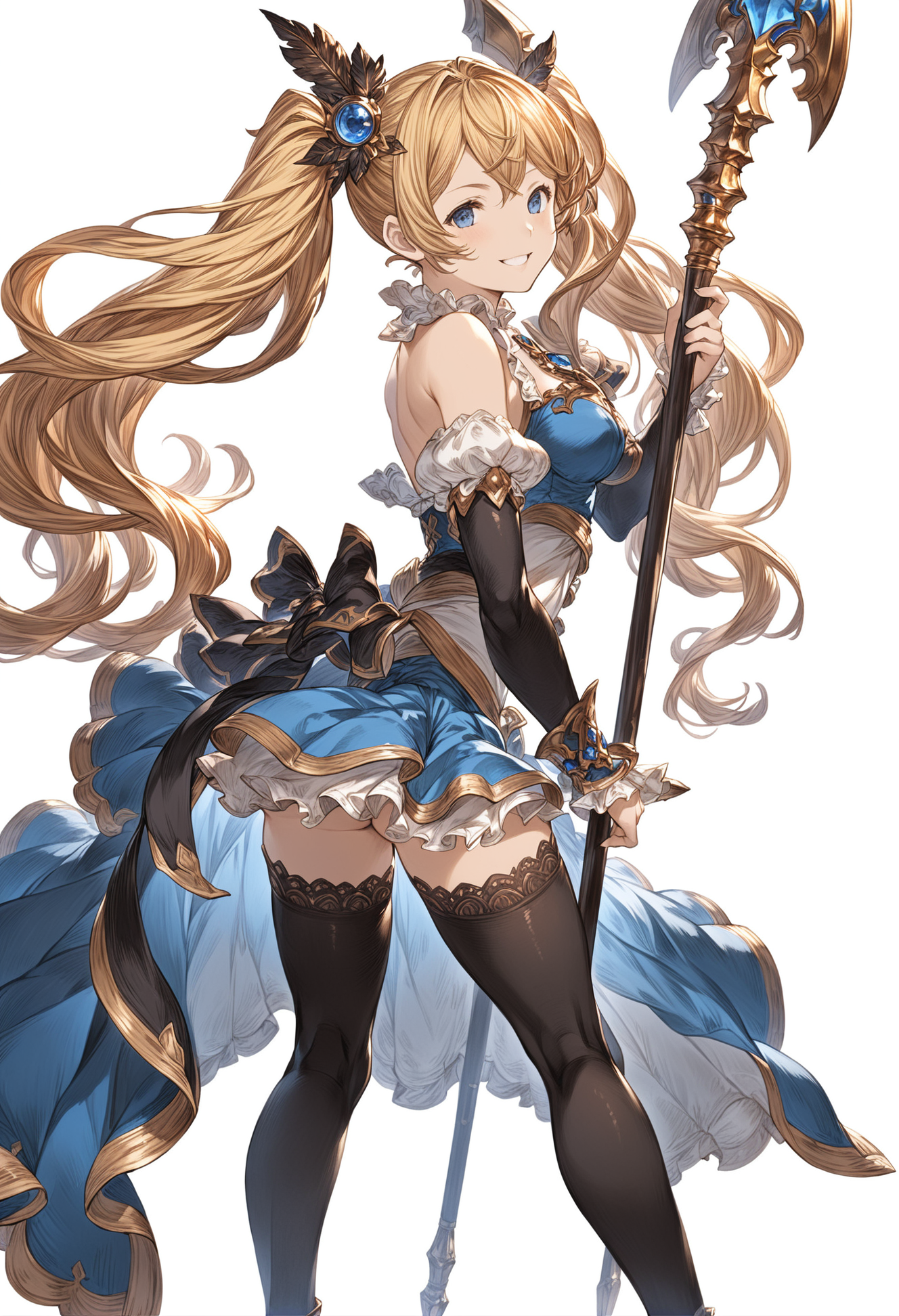 granblue, 1girl, black_legwear, blonde_hair, blue_eyes, dress, full_body, gradient_hair, hair_ornament, holding, long_hair, looking_at_viewer, multicolored_hair, polearm, simple_background, smile, solo, thighhighs, twintails, weapon, white_background,
shaded face, intricate detail, cinematic lighting, amazing quality, amazing shading, detailed Illustration, official artwork, wallpaper, extremely detailed eyes and face, beautiful detailed eyes, ((masterpiece, best quality)),
from side, dynamic pose, dutch angle,
<lora:granblue_fantasy_style_xl:0.8>