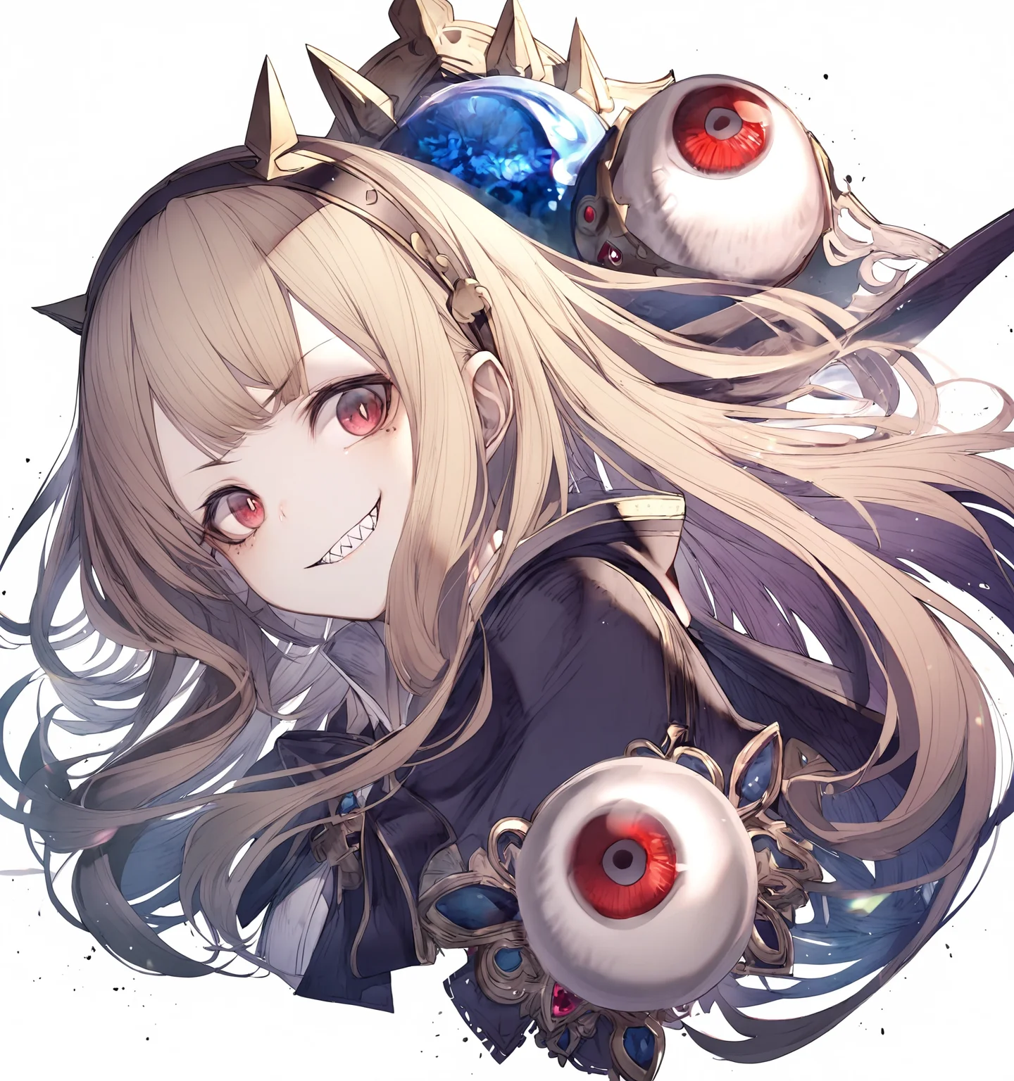1girl,
cagliostro \(granblue fantasy\),
hito komoru,
grin, red eyes, blonde hair, hairband, parted lips, cropped shoulders, looking back, jewelry, sharp teeth, teeth, upper body, smile, purple hair, eyeball, solo, long hair, grey eyes, evil smile, gem
<lora:a31_style_hito_komoru-000044:1>