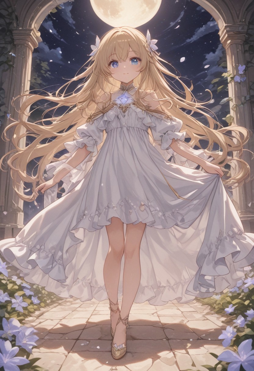 Masterpiece, Best quality, beautiful light, beautiful shadow,
a girl,
floating flower garden at night, glowing flowers of various colors, full moon in a clear starry sky, ethereal and magical atmosphere, soft glowing light illuminating the garden, delicate vines and petals, gentle breeze, fantasy dreamlike setting