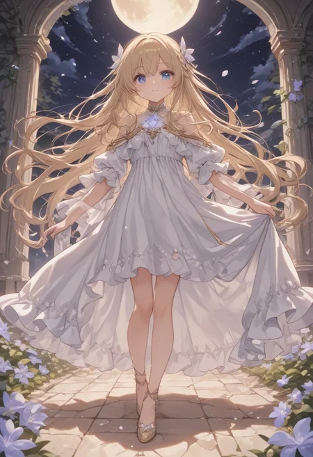 Masterpiece, Best quality, beautiful light, beautiful shadow,
a girl,
floating flower garden at night, glowing flowers of various colors, full moon in a clear starry sky, ethereal and magical atmosphere, soft glowing light illuminating the garden, delicate vines and petals, gentle breeze, fantasy dreamlike setting