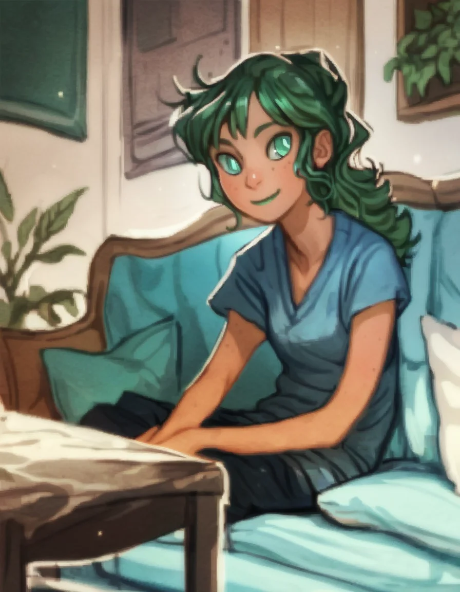 score_9, score_8_up, score_7_up, score_6_up, score_5_up, score_4_up, source_anime, MaggieLacivi, green hair, green eyes, soft smile, sitting, couch, living room, recline