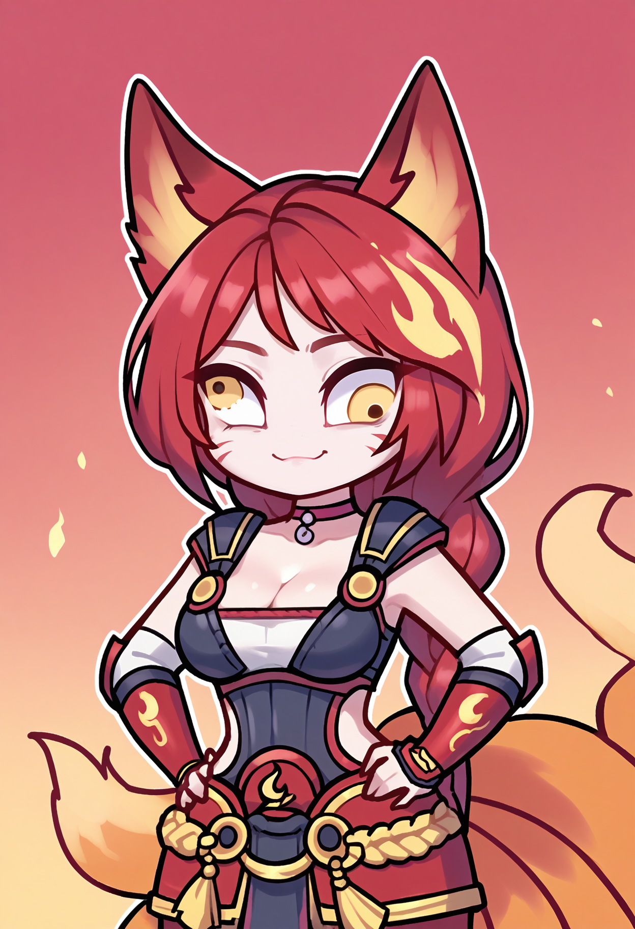 score_9,score_8_up, score_7_up, ahrifxfir, yellow eyes, empty eyes, big eyes, light smile, closed mouth, (big head:1.2), derp, (derp eyes, lazy eye:1.4),  proud, animal ears, facial mark, fox tail, multiple tails, long hair, single braid, red hair, breasts, hair Ornament, choker, leotard, cleavage, vambraces, pauldrons, side cutout, belt, armor, hands on own hips, everything is on fire, (flame:1.4), embers, red theme, (chibi:1.4), dummy, upper body, <lora:Ahri_Foxfire_pdxl_Incrs_v1:1>