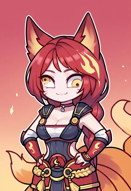 score_9,score_8_up, score_7_up, ahrifxfir, yellow eyes, empty eyes, big eyes, light smile, closed mouth, (big head:1.2), derp, (derp eyes, lazy eye:1.4), proud, animal ears, facial mark, fox tail, multiple tails, long hair, single braid, red hair, breasts, hair Ornament, choker, leotard, cleavage, vambraces, pauldrons, side cutout, belt, armor, hands on own hips, everything is on fire, (flame:1.4), embers, red theme, (chibi:1.4), dummy, upper body, <lora:Ahri_Foxfire_pdxl_Incrs_v1:1>