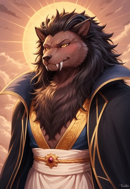 score_9, score_8_up, score_7_up, score_6_up, score_5_up, score_4_up, anthro, slight smile,seductive look,high detail, best quality ,detailed background, thick thigh,(artist:null-ghost), wolf-like creature, dark brown fur, thick mane, glowing yellow eyes, sharp eyebrows, muscular build, broad shoulders, long snout, pointed ears, sharp fangs, smooth fur on face, black cape with yellow trim, purple inner lining, white robe, yellow and blue vest, white sash belt, elegant and regal design,muscle, Muscular, expressive,, detailed background, (high quality), (masterpiece), (detailed), sweaty, excessive sweating, blushing, dynamic, immersive, perfect reflections, volumetric, detailed image, high resolution, muscular, strong chest, masterpiece, detailed face, , Expressiveh,,sexy expression, detailed sweat, sweaty, sexy expression, detailed sweat, close up, side angle, smug,smile,sun background,day,sky,