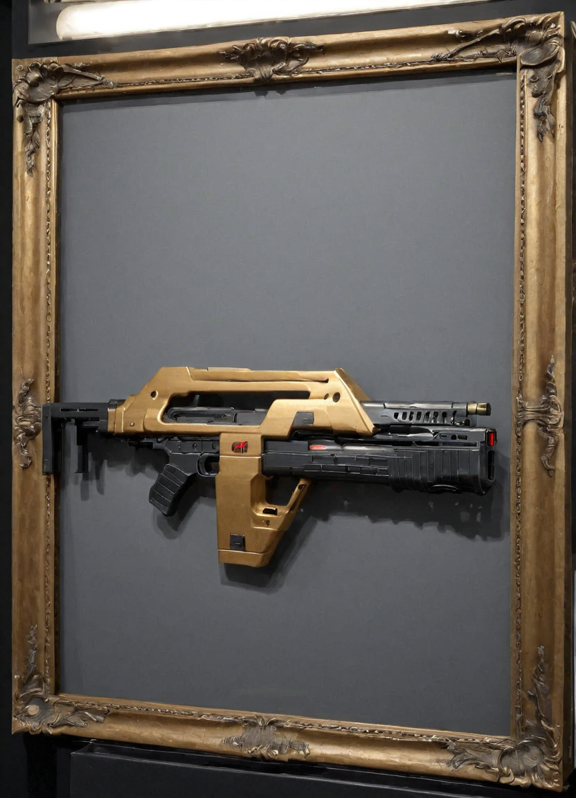 a golden frame with a m41apls rifle on display
 <lora:Alice_Wetterlund-000010:1> <lora:Armat_M41A_Pulse_Rifle_-_Aliens_SDXL:1>