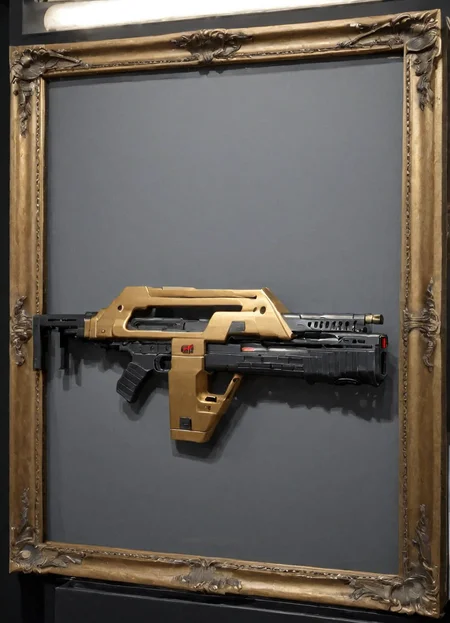 a golden frame with a m41apls rifle on display
 <lora:Alice_Wetterlund-000010:1> <lora:Armat_M41A_Pulse_Rifle_-_Aliens_SDXL:1>