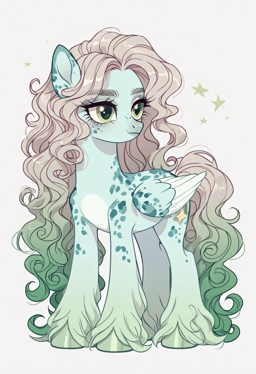 score_9, score_8_up, score_7_up, score_6_up, score_5_up, score_4_up, show accurate, full body, simple background, feral pony, female pony, charming appearance, original character, pegasus, adventurous look, star-shaped markings on sides, light blue body, cream belly, dark blue spots, emerald green eyes, flowing hair with silver strands, wavy hair, long flowing mane, medium-length tail, lavender hooves