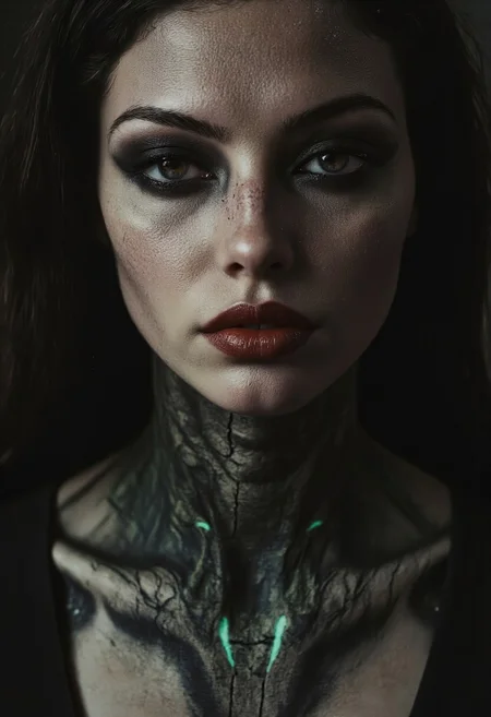 wasted_films, freckles, Piercings line her eyebrows and nose, glinting like broken stars, while a faded tattoo of interwoven vines and circuitry traces the side of her cheek and neck, hinting at her duality—part nature, part machine. Around her throat is a cracked, translucent collar that glows faintly with shifting neon patterns, resembling the pulse of a dying forest.
The atmosphere is heavy, oppressive, yet heartbreakingly intimate. Her weary, infinite gaze conveys a haunting mix of defiance, sorrow, and strength, pulling the viewer into her struggle—a force of nature fighting to endure in a collapsing, synthetic world.
Dark, smudged eyeliner and cracked metallic green eyeshadow streak across her eyelids, hinting at rebellion and despair. Tiny luminous veins, glowing faintly like fractured circuitry, spiderweb beneath her eyes, as though the weight of her existence has fused her with the urban decay. Her lips are painted in a faded, bruised hue, cracked and dry, as if they’ve whispered too many words into a world that wouldn’t listen.
Her pale skin is textured with subtle, bark-like patterns, glowing faintly in places where mossy green bioluminescence seeps through the cracks. FictionalCrystal, a goth girl with heavy black eye makeup and orange-grey lipstick. dramatic shadows