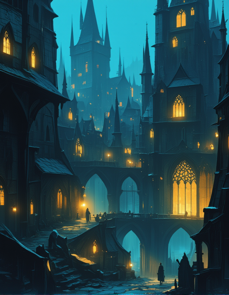 <lora:MW_Minis02flux:1> m1md, absurdres, arches, bokeh, closeup, crumbled ground, dark blue, epic, epic details, epic scale, medieval city, medieval windows, mist, yellow