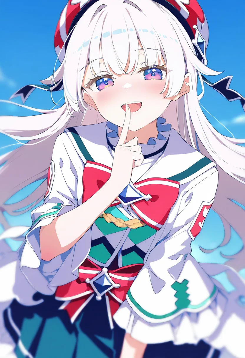 masterpiece,best quality,newest,very aesthetic,absurdres,highres,newest,year 2024,year 2023,artist:konya_karasue,artist:hoji(hooooooooji1029),michiking,artist:ningen_mame,mignon,[artist:kani_biimu],artist:ogipote,artist:sy4,noyu_(noyu23386566),
<lora:hikari_origin:1>,hikari \(arcaea\),1girl,long hair,white hair,red bow,bow,bowtie,grey eyes,boots,frills,red bowtie,frilled skirt,bangs,red headwear,
cowboy shot,upper body,upper teeth,smug,naughty face,finger to mouth,