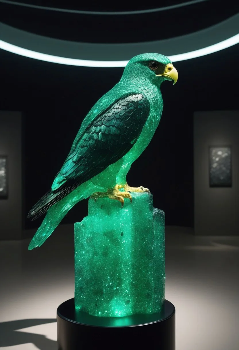 A emeraldmorph falcon, perched on an obsidian pedestal in a museum, glowing and sparkling brightly under the intense track lighting