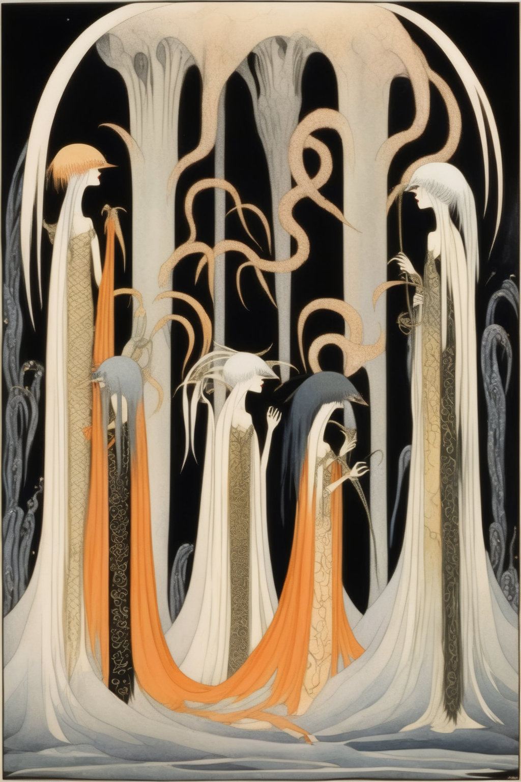 <lora:Kay Nielsen Style:1>Kay Nielsen Style - furies from the Oresteia in the style of Kay Nielsen