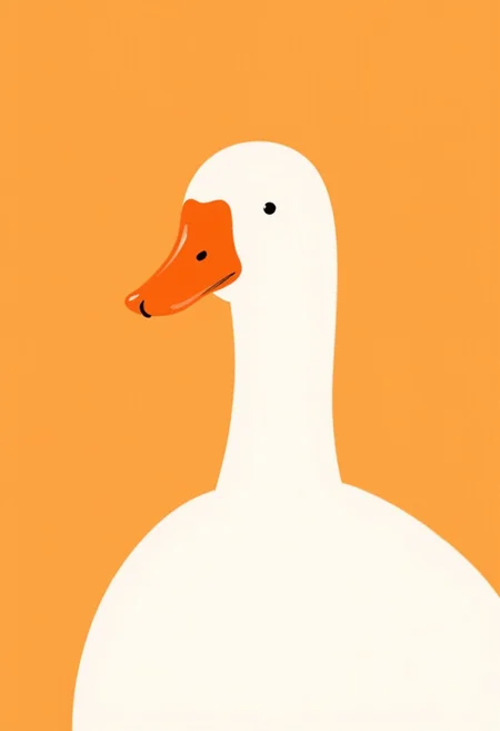 A minimalist and modern illustration of a white goose with an orange beak, depicted in a clean, cartoonish art style. The goose is set against a bold, solid orange background, emphasizing simplicity and vibrant contrast. The artwork features smooth, thick outlines and a cheerful, whimsical aesthetic. The composition is straightforward, focusing on the upper body and head of the goose, evoking a sense of humor and charm.