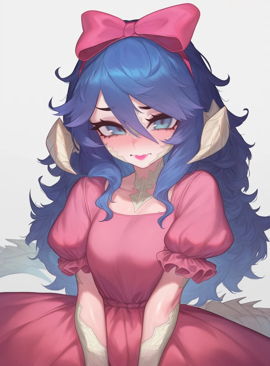 masterpiece, best quality, very aesthetic,gloss,uncensored,
BREAK
1girl, au ra,white scales, dragon horns, dragon tail, blue eyes, blue hair, messy hair, hair between eyes, pink dress, puffed sleeves, hairbow, blush, lipstick, looking at the viewer, wavy mouth
<lora:M0_Chi-ill-fandingo:1>