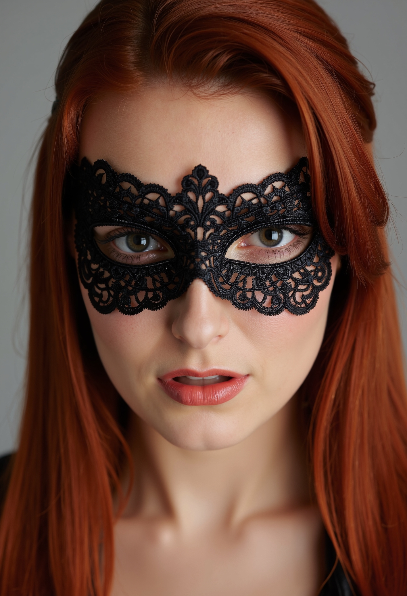 face shot, Beautiful young woman, long red hair, medium round breasts, clo012, wearing a black lace eye mask with delicate, symmetrical patterns,