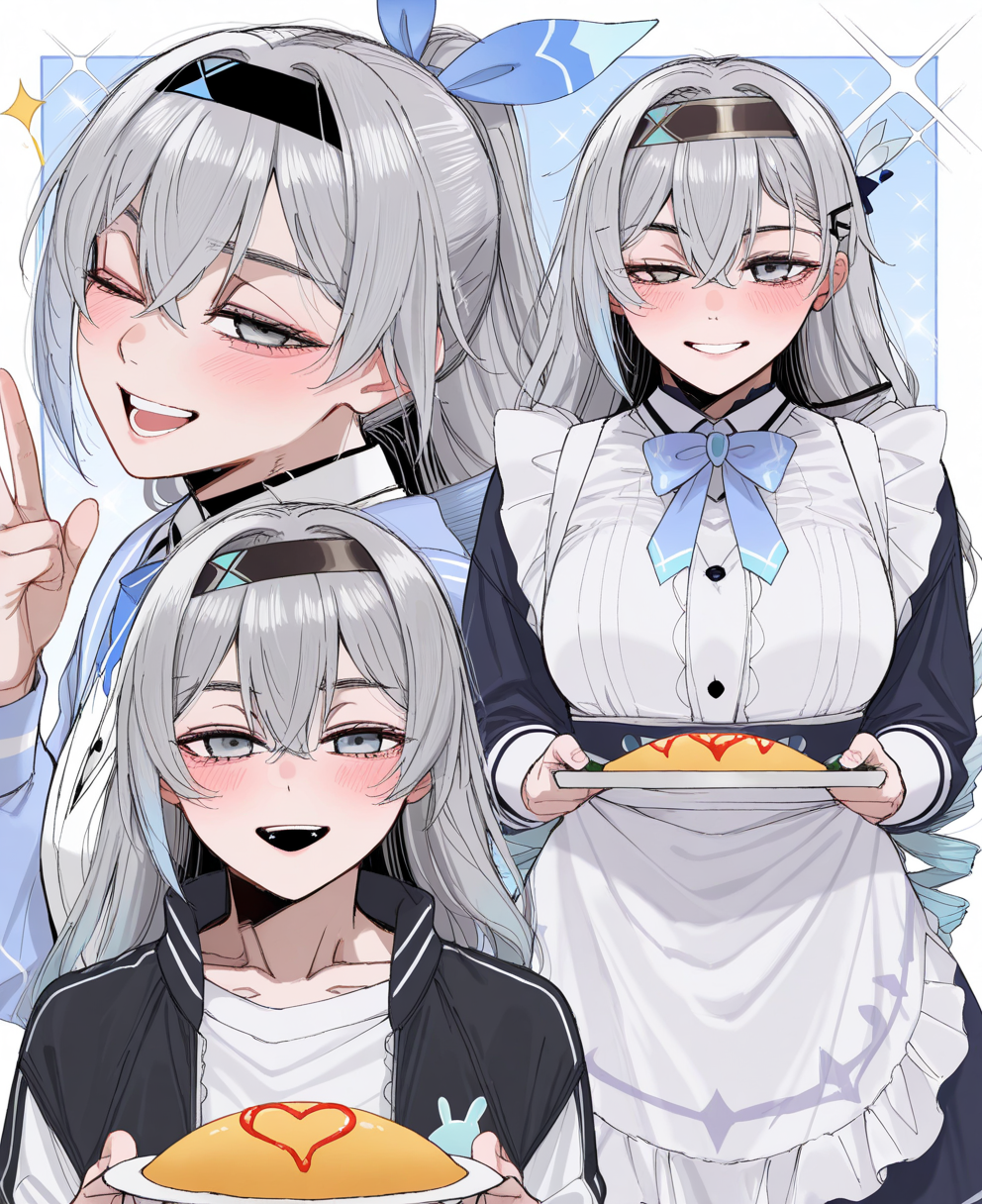 <lora:carrot_011:1> carrot_011,
(masterpiece), (best quality), (ultra-detailed), amazing quality, very aesthetic, illustration, perfect composition, intricate details, absurdres, incredibly absurdres, shiny skin, realistic,
 carrot_011, grey hair, jacket, blush, omelet, long hair, apron, 1girl, multiple views, omurice, open mouth, grey eyes, looking at viewer, shirt, food, smile, long sleeves, blue jacket, white shirt, one eye closed, plate, sparkle, maid, , white apron, crossed bangs, teeth, black jacket, drill hair, ribbon, hair ornament,  plate, hairband, blue ribbon, hair between eyes, general