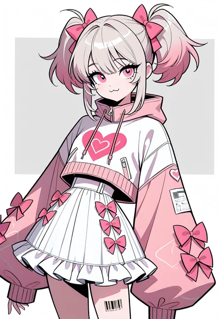 masterpiece, best quality, 1girl, solo, eyelashes, (beautiful eyes), skirt, long sleeves, white background, bow, jacket, heart, frills, grey background, :3, white jacket, white skirt, frilled skirt, pink bow, pink jacket, barcode, <lora:Style60_IXL:1.0>,