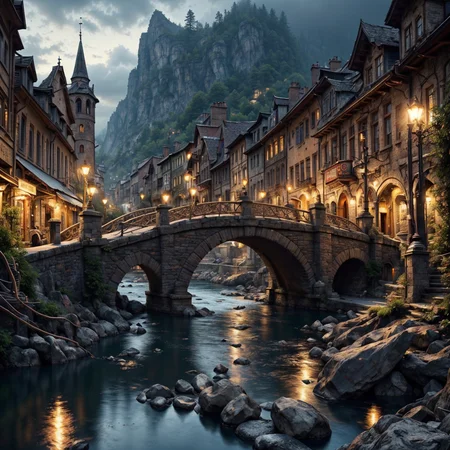 RAW photo, (masterpiece:1.3), subsurface scattering, heavy shadow, (high quality:1.4), (intricate, high detail:1.2), professional photography, HDR, High Dynamic Range, realistic, ultra realistic, photorealistic, high resolution, film photography, ambient lighting, atmospheric effects, <lora:detail_slider_v4:2>, OverallDetail, <lora:Bridge:0.7>, a (stone) bridge over a river, town, city, mountain, epiCPhoto