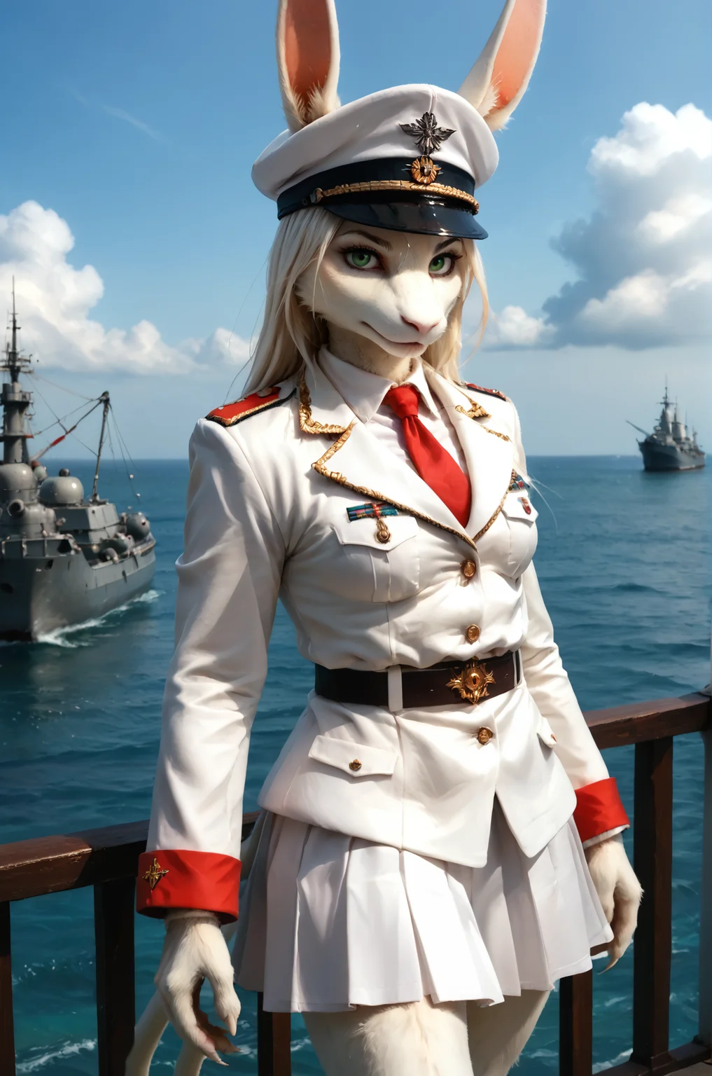 score_9, score_8_up, score_7_up, fluffy, tufts, furry, BREAK,
freyac, female, white fur, green eyes, white hair, soft shading, white military outfit, white general hat, ears, red armband, red accents, tie, white skirt, pleated skirt, medium breasts, looking at viewer, focused, serious, glare, standing, cowboy shot, solo, 1girl, long snout, white tail, black tailbow, black pants,
BREAK, sky, clouds, outdoors, day, battleship, battleship background, sea, ocean, grey structures, ship, grey railing, metal railing,
zPDXL, <lora:Freya10S 97:1>,