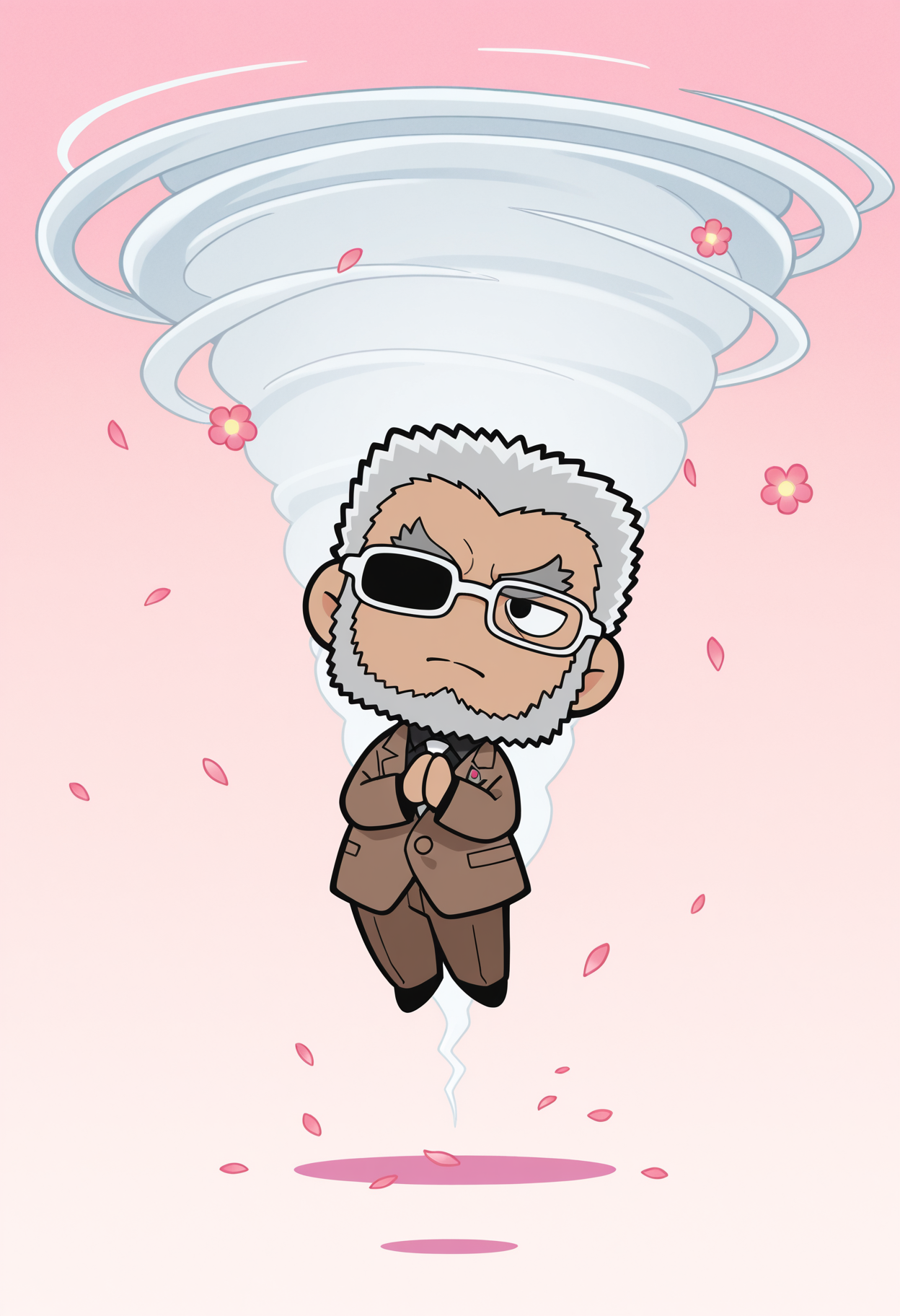 lazypos, 1boy, full body, (solo:1.5), praying, head tilt, clapping, pink background, heart, closed mouth, flower, falling petals, (chibi only:1.5), wind, tornado, flying,
<lora:Kuroda_Hyoue_from_Detective_Conan_v1.0:1>,
kurodahyoue, mature male, grey hair, long sideburns, thick beard, thick eyebrows, forked eyebrows, glasses, partially opaque glasses, single eyebrow,
brown suit, black shirt, collared shirt, white necktie, lapel pin, black footwear