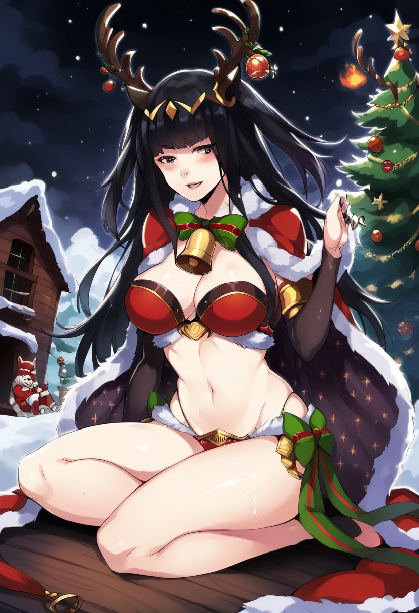 score_9, score_8_up, score_7_up,  <lora:dannex009:1>, uncensored, 1girl, TharjaWinter, black hair, long hair, antlers, bell, bikini, fur trim, large breasts, cape, cabin, fire place, Christmas tree, sitting