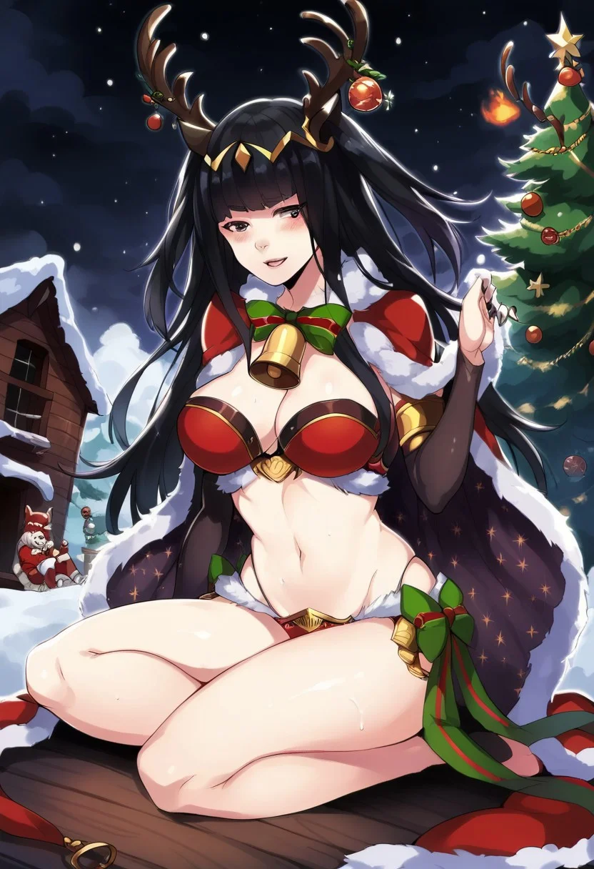 score_9, score_8_up, score_7_up,  <lora:dannex009:1>, uncensored, 1girl, TharjaWinter, black hair, long hair, antlers, bell, bikini, fur trim, large breasts, cape, cabin, fire place, Christmas tree, sitting