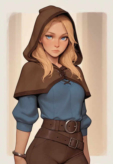 HDR, 8K, masterpiece, best quality, amazing quality, very aesthetic, realistic, newest, volumetric lighting, (flat colors:1), incoth, (incase:0.6),
Close up portrait,
1girl, spellthieflux, blonde hair, blue eyes, brown hood, capelet, blue shirt, belt, bracelet, brown pants, boots