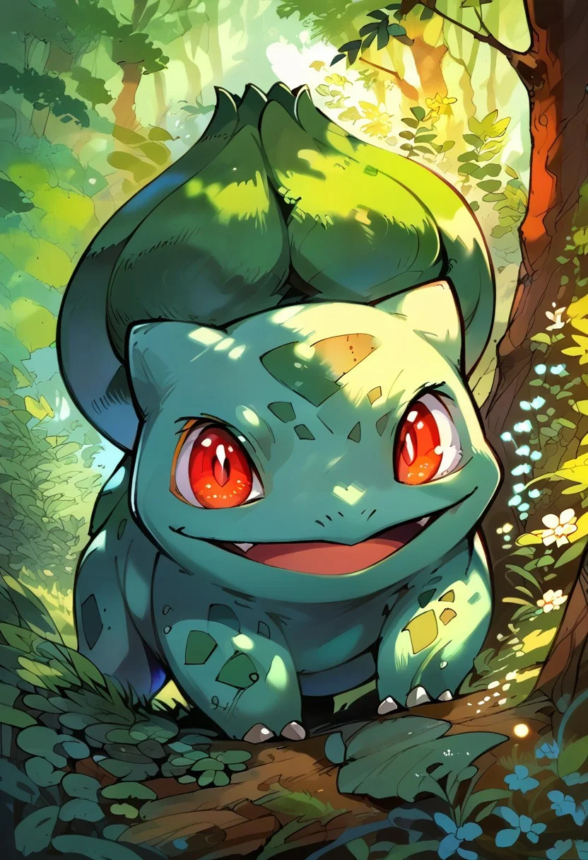 (((beautiful, high quality))), score_9, score_8_up, score_7_up, BREAK, Bu1b4s4ur, blue-green body, teal spots, claws, fangs, red eyes, white pupils, green plant bulb, pokemon \(creature\), looking at viewer, head tilt, looking up, smile, happy, open mouth background: forest, lens flare, bloom, bokeh, wildflowers, tall grass, trees (solo:1.6) <lora:Bulbasaur:1>