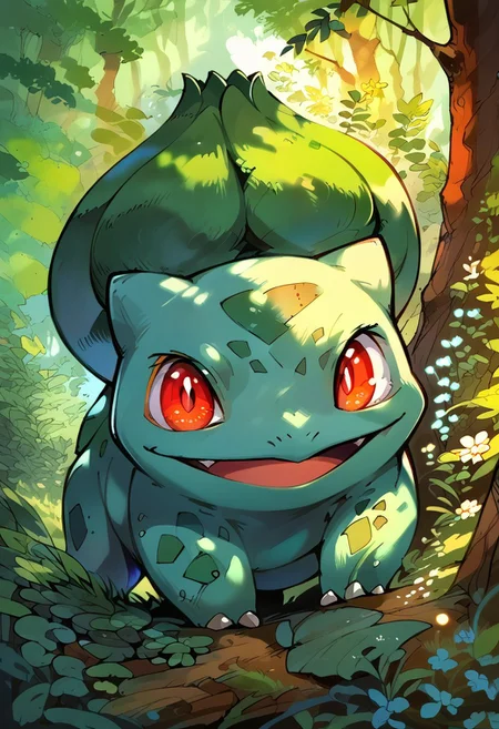(((beautiful, high quality))), score_9, score_8_up, score_7_up, BREAK, Bu1b4s4ur, blue-green body, teal spots, claws, fangs, red eyes, white pupils, green plant bulb, pokemon \(creature\), looking at viewer, head tilt, looking up, smile, happy, open mouth background: forest, lens flare, bloom, bokeh, wildflowers, tall grass, trees (solo:1.6) <lora:Bulbasaur:1>