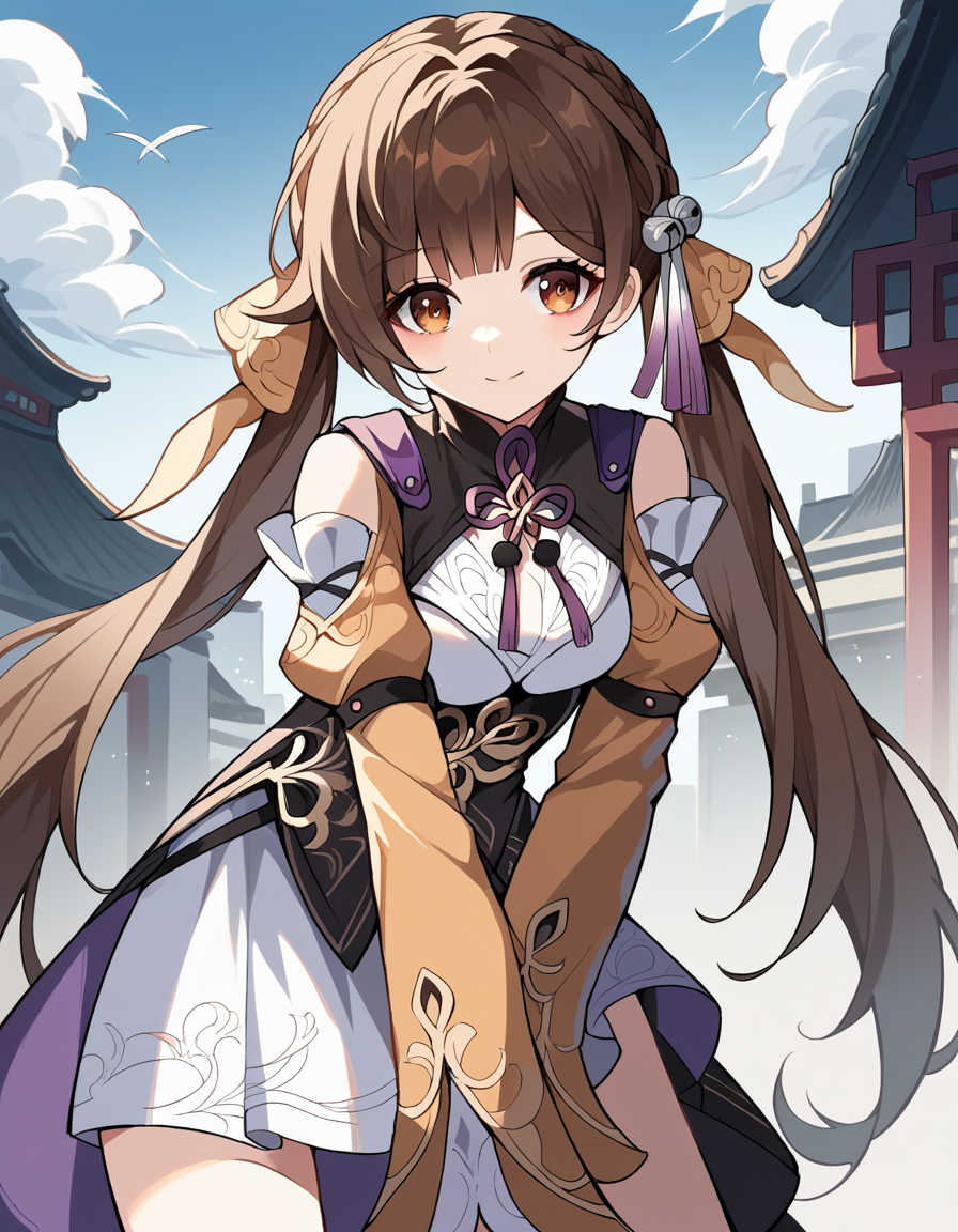 score_9, score_8_up, score_7_up, source_anime,
sushang, <lora:honkai-sushang-ponyxl-lora-nochekaiser:1>,
sushang, long hair, bangs, brown hair, brown eyes, twintails, hair ornament,
gloves, long sleeves, dress, black gloves, chinese clothes, china dress, white dress,
outdoors, cityscape, bent over, smile,
solo, dutch angle, looking at viewer, cowboy shot,