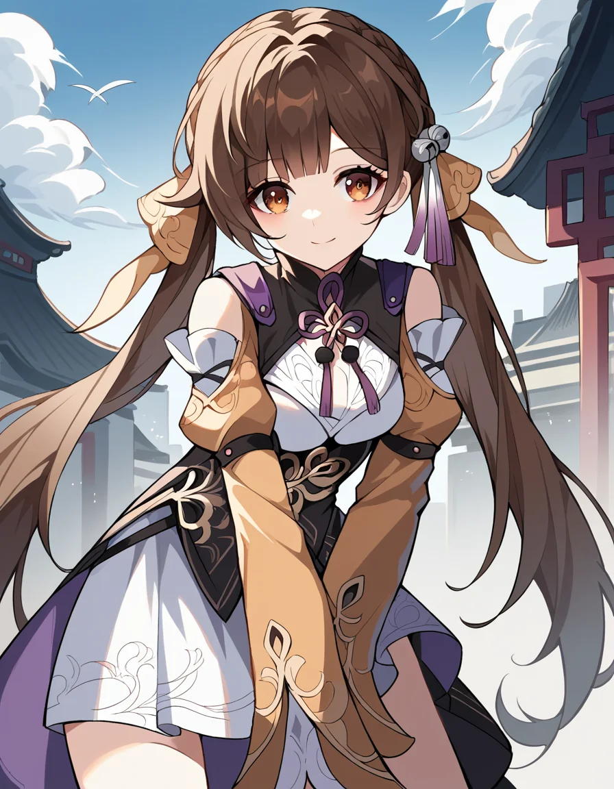 score_9, score_8_up, score_7_up, source_anime,
sushang, <lora:honkai-sushang-ponyxl-lora-nochekaiser:1>,
sushang, long hair, bangs, brown hair, brown eyes, twintails, hair ornament,
gloves, long sleeves, dress, black gloves, chinese clothes, china dress, white dress,
outdoors, cityscape, bent over, smile,
solo, dutch angle, looking at viewer, cowboy shot,
