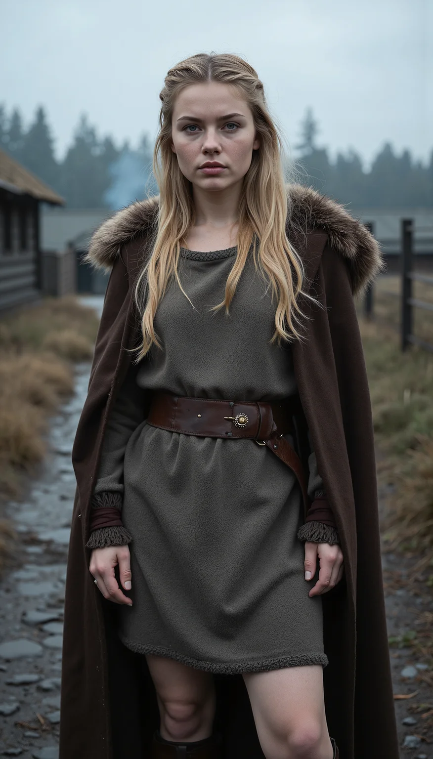 A hyperrealistic, full-body fashion photograph of an 18-year-old woman with a heart-shaped face and large, almond-shaped ocean-blue eyes with upward eyebrows. Her long blonde hair falls in loosely tangled waves, slightly wild and windswept, echoing the fierce, untamed spirit of the Germanic frontier. Her skin is pale with a soft pink undertone, touched by the northern chill and scattered with faint freckles across her nose and collarbones. She is dressed in a Romanized-Germanic ensemble: a practical woolen tunic in weathered ash-grey, cinched with a rough-woven belt of dyed leather. Over it, she wears a heavy, fur-lined cloak of dark brown sheepskin, draped over her shoulders and clasped with a bronze brooch. The tunic modestly outlines her medium breasts and falls to her knees, where high leather boots lace up over woolen wraps. She wears no visible cosmetics—only the natural glow of the cold and firelight—yet her lips retain a soft, natural pink hue.

She stands in a grounded, alert pose—her body turned three-quarters away from the camera, head slightly tilted toward the lens, eyes calm but fierce, evoking quiet strength. The image is shot on a full-frame DSLR with an 85mm lens at f/2.8, keeping her in razor-sharp detail while softly blurring the rustic backdrop.

Behind her lies a lightly Romanized village on the edge of a dense forest—wooden watchtowers, timber-framed homes with thatched roofs, and muddy stone-paved paths hinting at the empire’s reach into Germania. Wisps of smoke rise from distant chimneys. The scene is bathed in soft, diffused northern light—grayish-blue sky filtered through mist and low clouds. A rim of cool light defines her silhouette, catching on the fur of her cloak and the edges of her tousled hair.

The overall aesthetic is editorial and raw—blending the disciplined elegance of Roman fashion with the wild spirit of the frontier. Visually striking and historically grounded, the image feels like a cover feature from a high-end fashion magazine reimagining the edge of empire with cinematic authenticity.