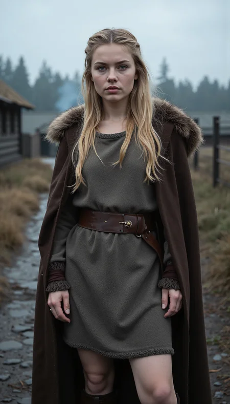 A hyperrealistic, full-body fashion photograph of an 18-year-old woman with a heart-shaped face and large, almond-shaped ocean-blue eyes with upward eyebrows. Her long blonde hair falls in loosely tangled waves, slightly wild and windswept, echoing the fierce, untamed spirit of the Germanic frontier. Her skin is pale with a soft pink undertone, touched by the northern chill and scattered with faint freckles across her nose and collarbones. She is dressed in a Romanized-Germanic ensemble: a practical woolen tunic in weathered ash-grey, cinched with a rough-woven belt of dyed leather. Over it, she wears a heavy, fur-lined cloak of dark brown sheepskin, draped over her shoulders and clasped with a bronze brooch. The tunic modestly outlines her medium breasts and falls to her knees, where high leather boots lace up over woolen wraps. She wears no visible cosmetics—only the natural glow of the cold and firelight—yet her lips retain a soft, natural pink hue.
She stands in a grounded, alert pose—her body turned three-quarters away from the camera, head slightly tilted toward the lens, eyes calm but fierce, evoking quiet strength. The image is shot on a full-frame DSLR with an 85mm lens at f/2.8, keeping her in razor-sharp detail while softly blurring the rustic backdrop.
Behind her lies a lightly Romanized village on the edge of a dense forest—wooden watchtowers, timber-framed homes with thatched roofs, and muddy stone-paved paths hinting at the empire’s reach into Germania. Wisps of smoke rise from distant chimneys. The scene is bathed in soft, diffused northern light—grayish-blue sky filtered through mist and low clouds. A rim of cool light defines her silhouette, catching on the fur of her cloak and the edges of her tousled hair.
The overall aesthetic is editorial and raw—blending the disciplined elegance of Roman fashion with the wild spirit of the frontier. Visually striking and historically grounded, the image feels like a cover feature from a high-end fashion magazine reimagining the edge of empire with cinematic authenticity.