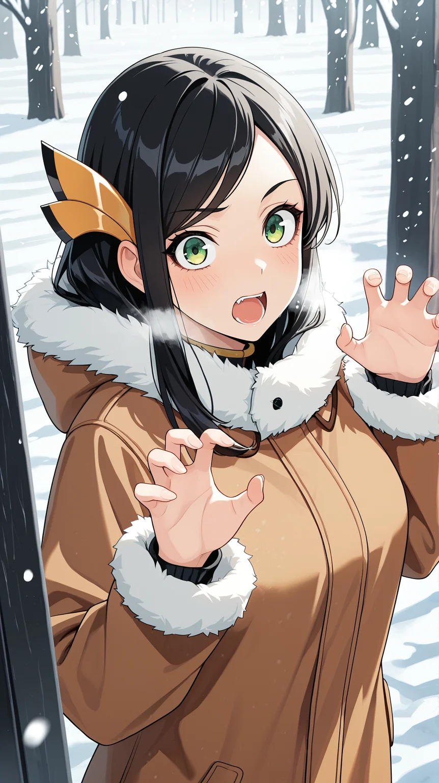 masterpiece, best quality, amazing quality, girl, claw pose, <lora:Heejin Park - Illu:1>, long hair, black hair, green eyes, yellow hair ornament, fur trim, brown coat, winter coat, large coat, closed coat, snowing, snowstorm, winter, visible breath,winter forest,