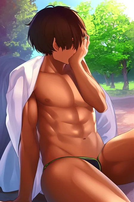 1boy, man, short hair covering eyes, dark brown skin, outdoors, shirtless,   by suruga