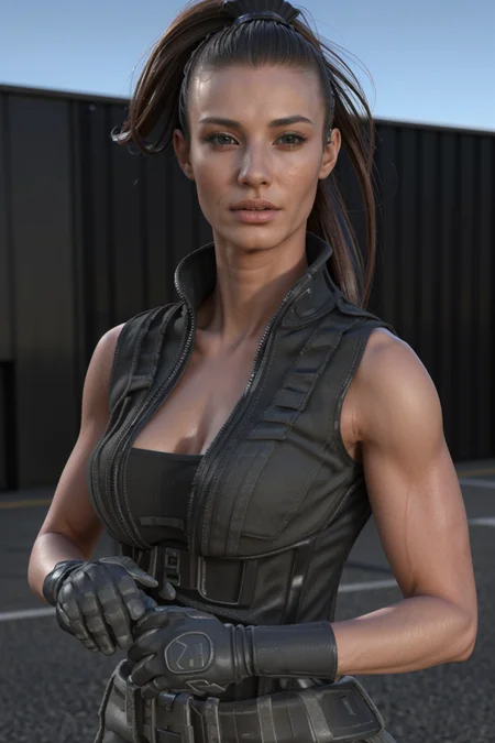 (photorealistic:1.4), <lora:TacticalAssautV1:1>, (masterpiece:1.4),(best quality:1.4)(high_resolution:1.1) , (1girl, oily skin, wearing tactical_assaut t-shirt gloves), ((upper body)),  ((thin hair, realistic hair:1.2)), orange hair
<lora:muscle_slider_v1:2>,
<lora:weight_slider_v2:-1>,
<lora:hair_length_slider_v1:3>,
<lora:Background_Detail_v3:0.4>,
<lora:add_detail:0.5>