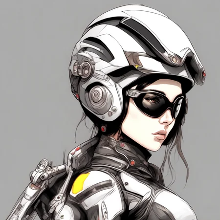 (BionicBikerGirl style:1) a drawing of a woman wearing a helmet and goggles <lora:BionicBikerGirl:1>
