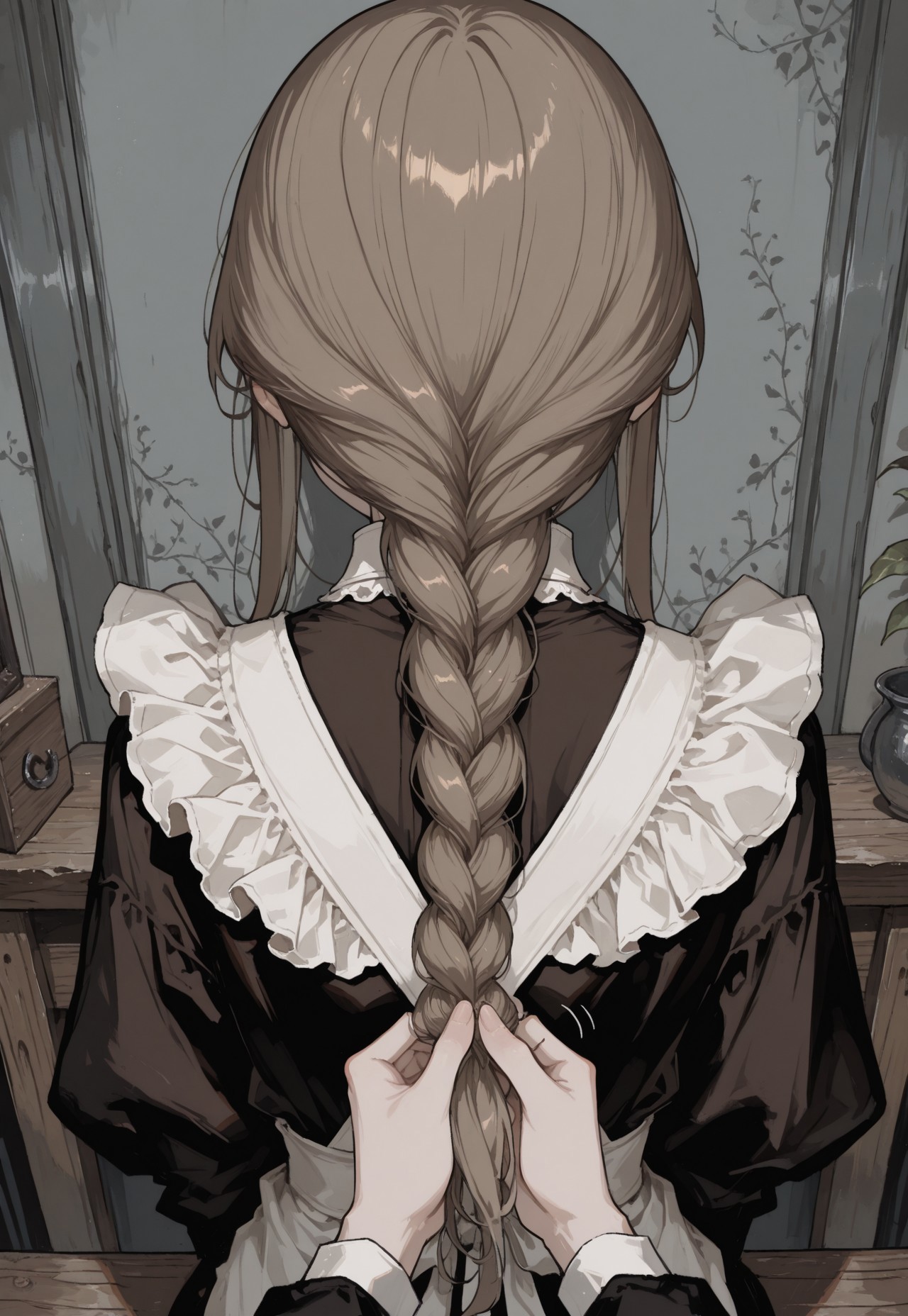 solo, detailed, ethereal, soft lines, from behind, upper body, 

inside, grey room, wooden furniture, 

female pov, pov hands,  pov braiding hair,

1girl,  brown hair,  single_braid, long black dress, long black sleeves, white collar, white frills, white apron, [black pantyhose, brown shoes,],

masterpiece, best quality, very aesthetic, absurdres, newest, 

masterpiece, best quality, amazing quality, very aesthetic, absurdres, 