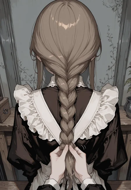 solo, detailed, ethereal, soft lines, from behind, upper body, 

inside, grey room, wooden furniture, 

female pov, pov hands,  pov braiding hair,

1girl,  brown hair,  single_braid, long black dress, long black sleeves, white collar, white frills, white apron, [black pantyhose, brown shoes,],

masterpiece, best quality, very aesthetic, absurdres, newest, 

masterpiece, best quality, amazing quality, very aesthetic, absurdres, 